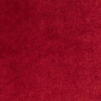 Moroso fabric sample, red velvet texture, dense pile with subtle variation and product code “fox 010 red – s” printed at base.